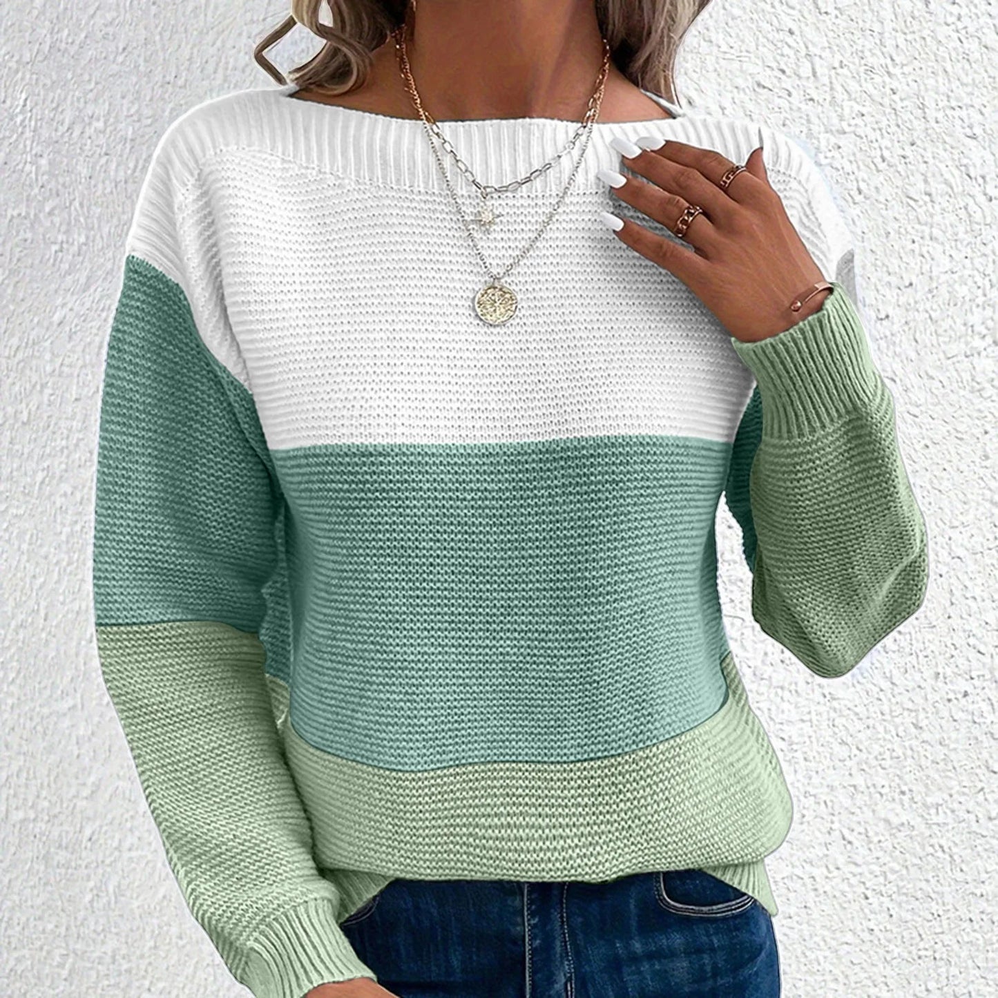 Dressy Sweater For Women Patchwork Color Block Long Sleeve Bateau Neck Elegant Pullover