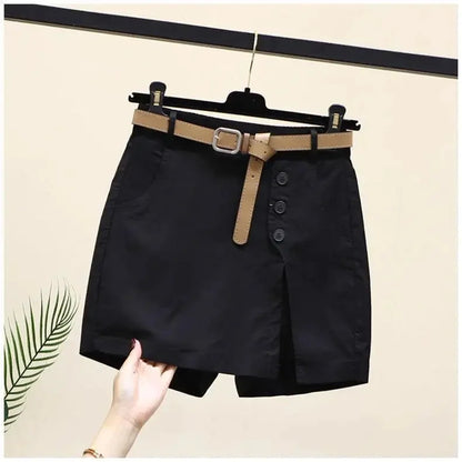 Cotton Shorts High Waist A- Line Skirt with Belt Pure Cotton Pants