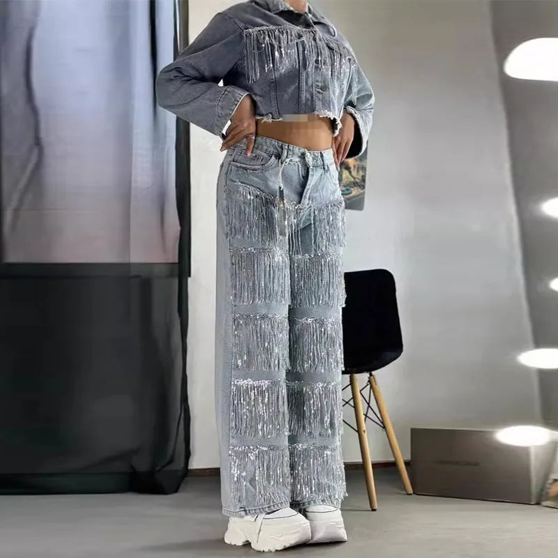 Sparkling Fringes Embellished Wide Leg Jeans Women Trendy Silver Tassel Denim Pants