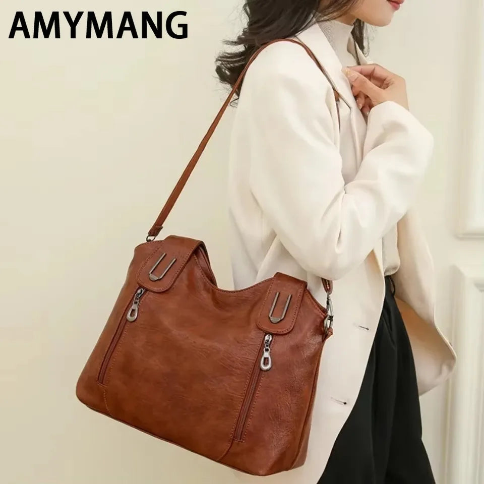 Solid Color Handbag Soft Leather Tote Bag Casual Big Shoulder Messenger Bags