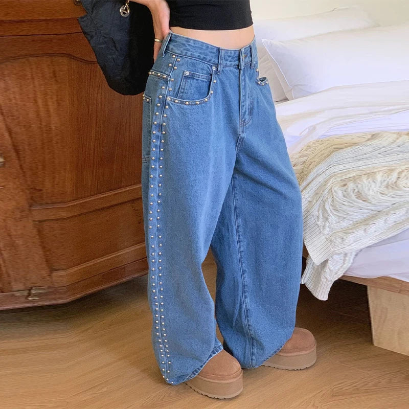 Metal Rivet Wide Leg Jeans Trousers Baggy Low Rise Pockets Denim