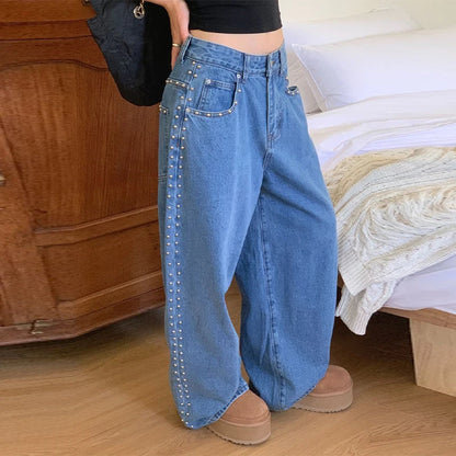 Metal Rivet Wide Leg Jeans Trousers Baggy Low Rise Pockets Denim