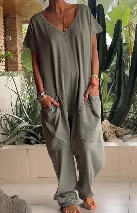 Loose Solid Color Jumpsuit Fashion Casual V-neck Short Sleeved Large Pocket Jumpsuits