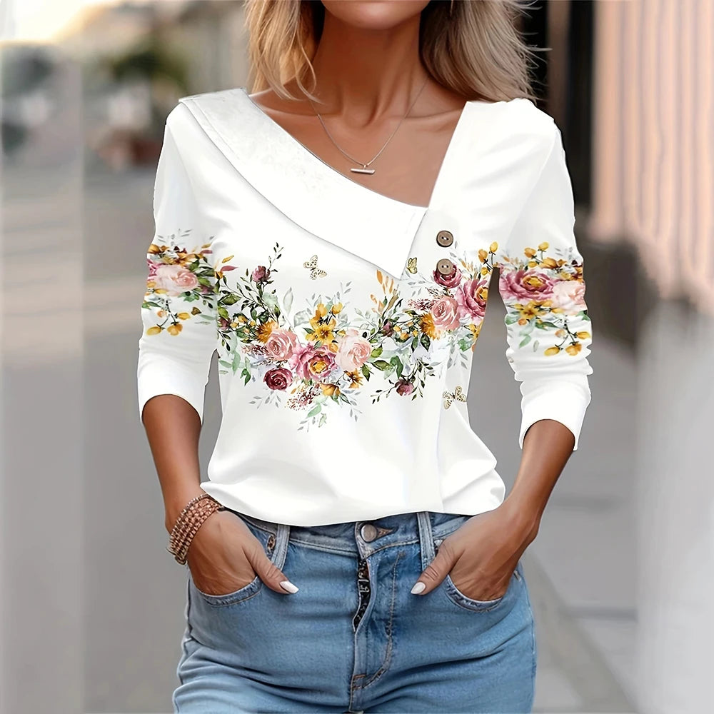 T Shirt For Women Fashion Long Sleeve Top White Floral Print Shirt