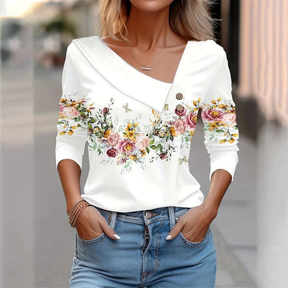 T Shirt For Women Fashion Long Sleeve Top White Floral Print Shirt