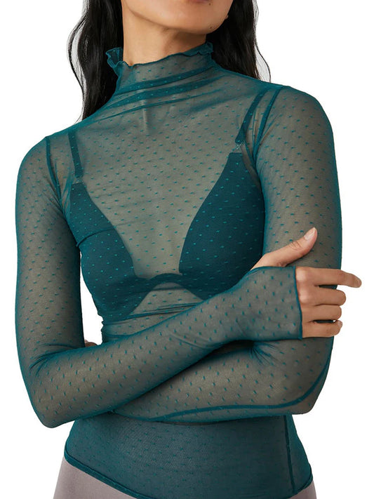 Women Sheer Mesh T-Shirt Mock Neck Long Sleeve Crop Tops Retro See Through Shirt
