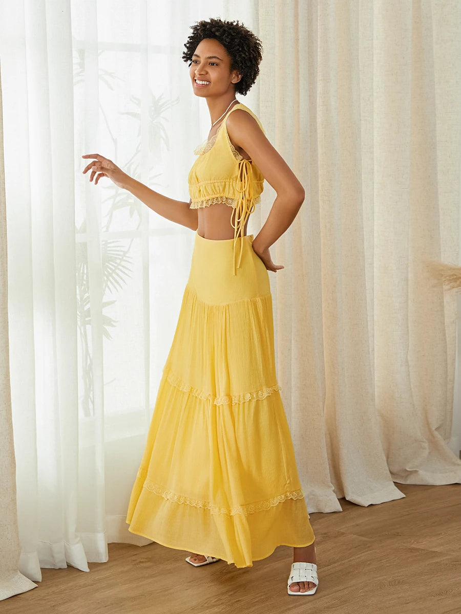 Summer 2Pcs Outfits Lace Trim Sleeveless U-Neck Tank Tops with Long Skirt Set Yellow / M / United States Yellow / S / United States WHITE / S / United States Yellow / M / United States-Yellow / S / United States-WHITE / S / United States-Yellow / L / United States-WHITE / L / United States-WHITE / M / United States-