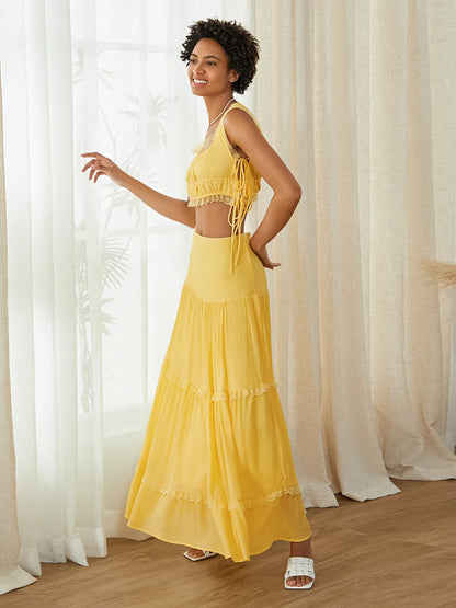 Summer 2Pcs Outfits Lace Trim Sleeveless U-Neck Tank Tops with Long Skirt Set Yellow / M / United States Yellow / S / United States WHITE / S / United States Yellow / M / United States-Yellow / S / United States-WHITE / S / United States-Yellow / L / United States-WHITE / L / United States-WHITE / M / United States-