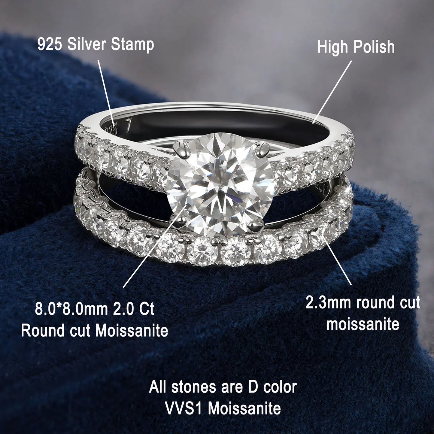 Newshe Certified 2Ct Moissanite Wedding Ring Set for Women 925 Sterling Sliver Brilliant Round Cut Luxury Engagement Rings