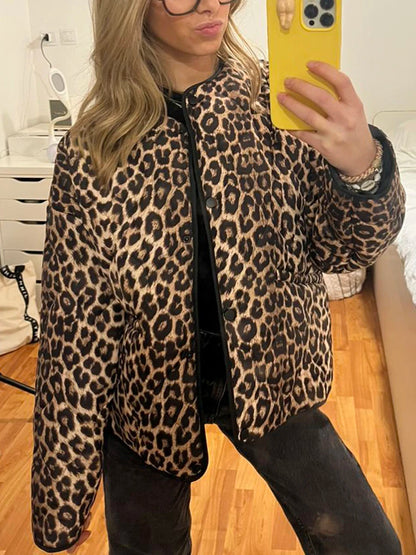 Women s Leopard Print Puffer Jacket with Hood and Faux Fur Lining Stylish Winter Coat Warm Outerwear Zip Up Parka