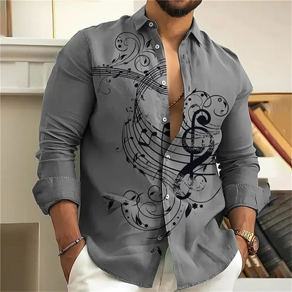 Music note print men's shirt casual open lapel top comfortable long-sleeved