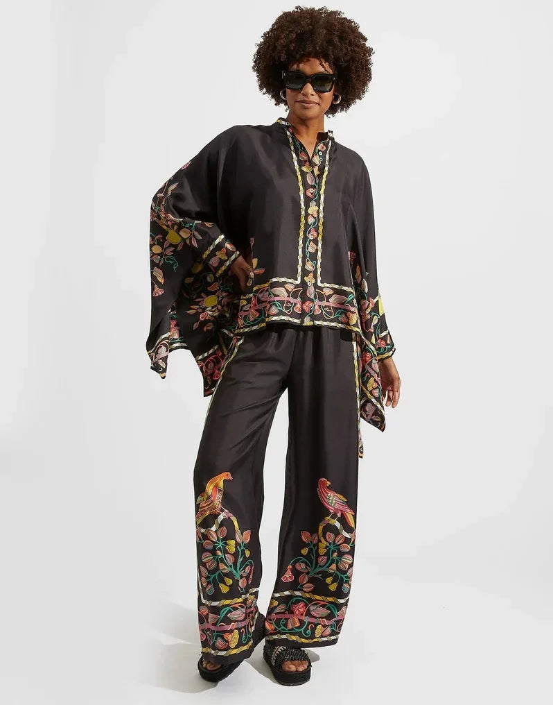 Vintage Print Pants Sets Women Irregular Loose Long Sleeve Shirt Wide Leg Trousers Two Piece Set Female Fashion Trend Streetwear