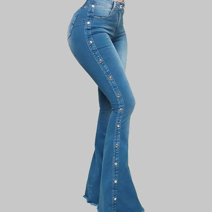 High Waist Strecth Denim Flare Pants Female Floor Length