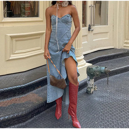Strap Denim Women's Dress Vintage Asymmetric Hem Cinching irregular Dress Female Summer New  Lady High Street Outwear Distressed