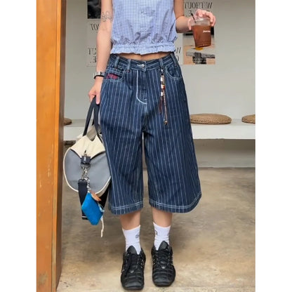 Women's Light Blue Calf Length Cargo Jeans Harajuku Y2k Baggy Denim Trousers Japanese 2000s Oversize Jean Pants Vintage Clothes
