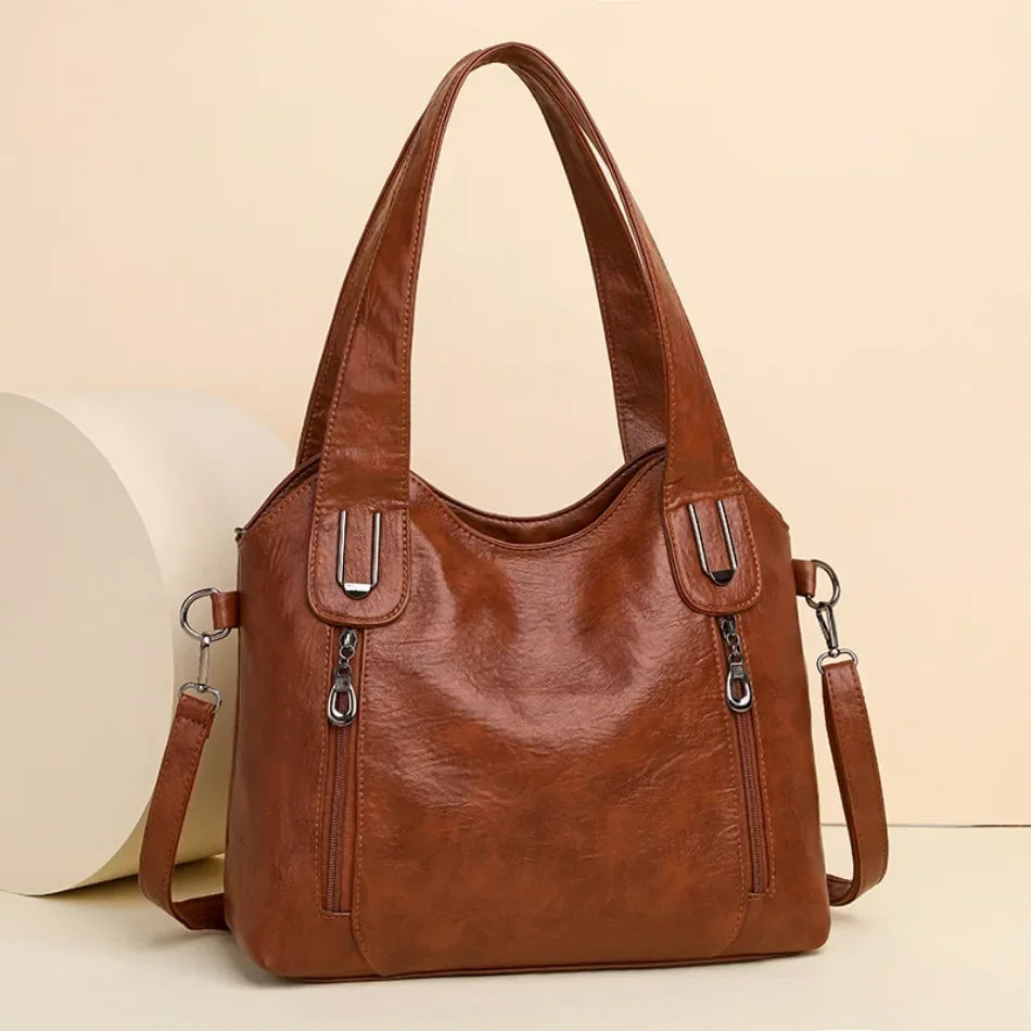 Solid Color Handbag Soft Leather Tote Bag Casual Big Shoulder Messenger Bags