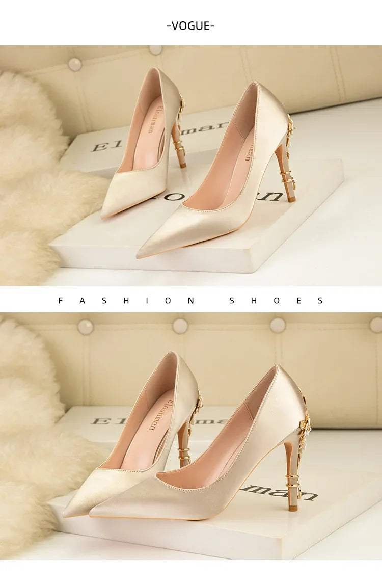 Women's Metal Flowers Stiletto High-heel Shoes Female  Light Luxury Wedding Shoes Pointed Toe