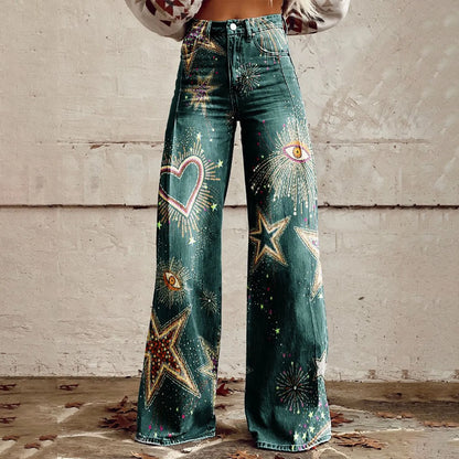 Womens Wide Leg Jeans High Waisted Casual Denim Floral Printed Trousers Women Jean Baggy