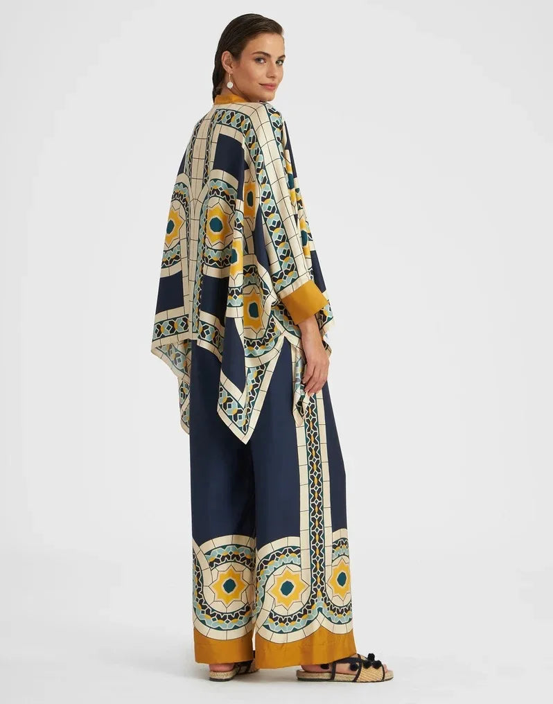Vintage Print Pants Sets Women Irregular Loose Long Sleeve Shirt Wide Leg Trousers Two Piece Set Female Fashion Trend Streetwear
