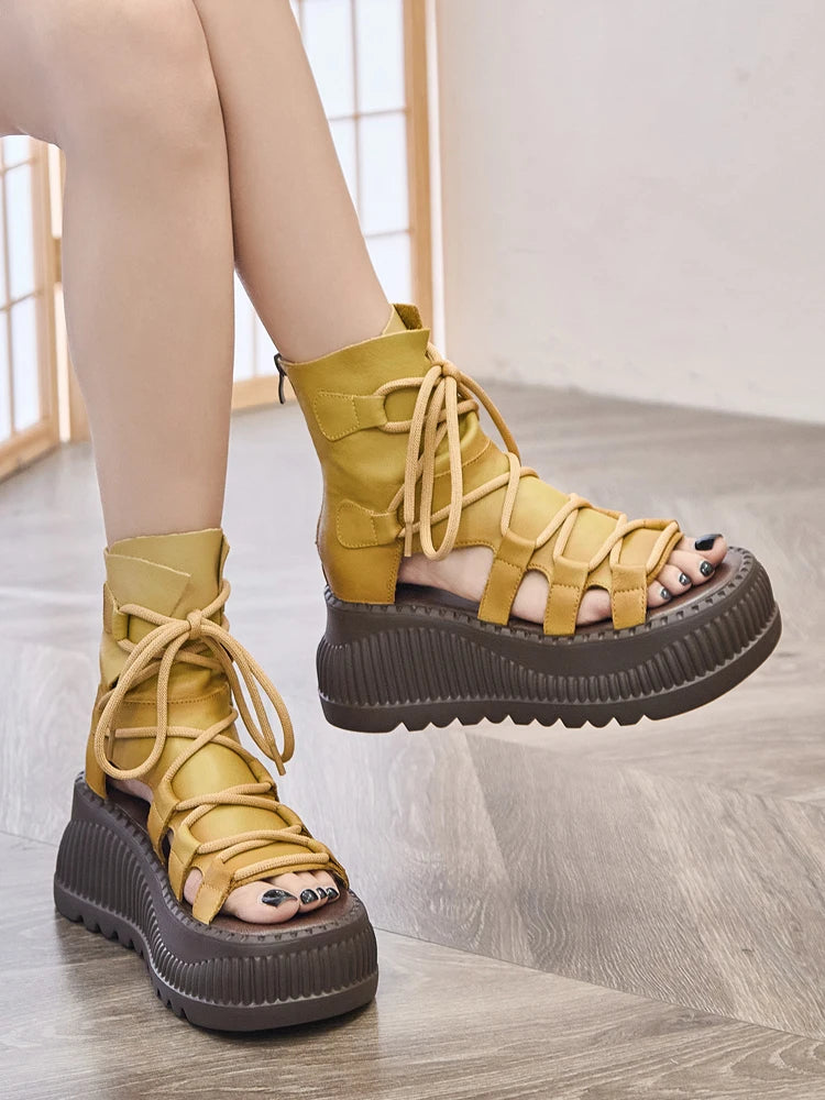 Genuine Leather Women Sandals Loafer Shoes Platform Wedge Comfy Hollow Rubber Peep Toe Flats Ankle BootS