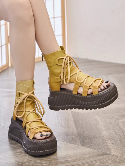 Genuine Leather Women Sandals Loafer Shoes Platform Wedge Comfy Hollow Rubber Peep Toe Flats Ankle BootS