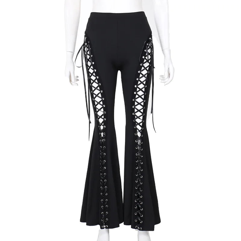 Dark Black Punk Flared Pants Long Trouser Women Lace Up Front Hollow Cut Out Bell Bottom Tied Up High Waist