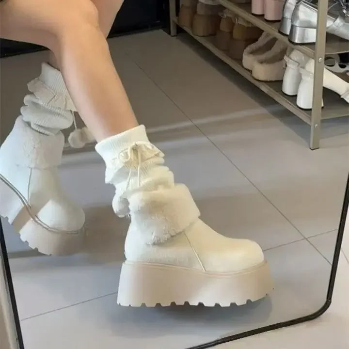 Thick Bottom Warm Anti-Slip Cotton Snow Boots Women's Winter Fleece Lined Booties Non-Slip Rubber Sole Ankle Boots