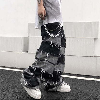 Tassel Jeans Men's Patchwork Wide Leg Hip Hop Loose Denim Baggy Ripped Distressed