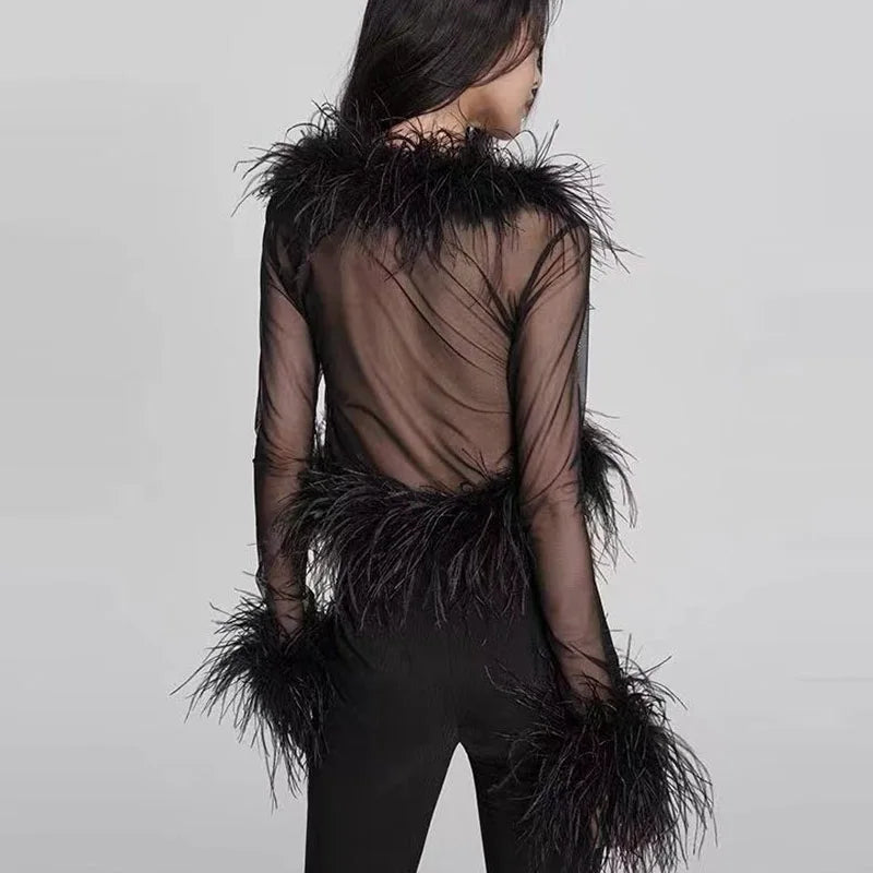 Sexy See Through Mesh Patchwork Ostrich Feather Hem Shirt 2025 New Autumn Winter Fashion Long Sleeve Night Club Party Tops Y2K