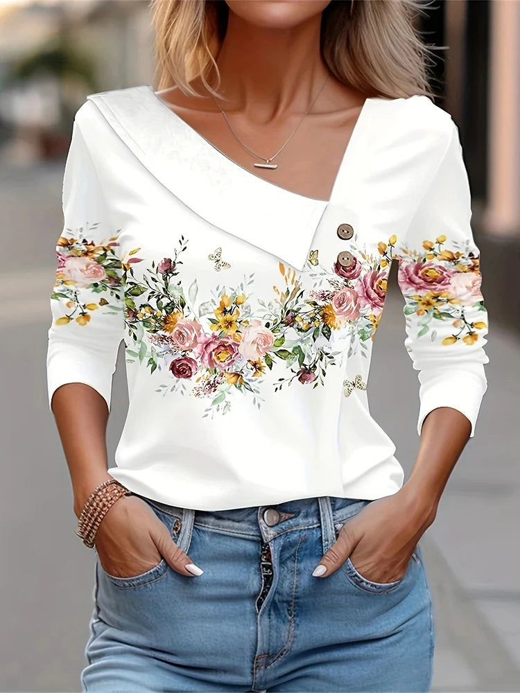 T Shirt For Women Fashion Long Sleeve Top White Floral Print Shirt