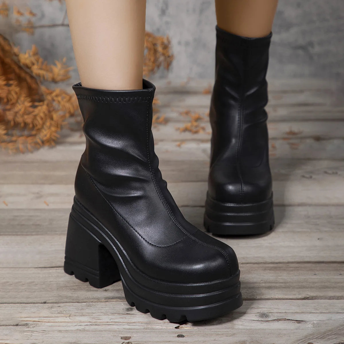 Short Boots Women Leather Boot Square toe casual Zipper high heels Casual thick soled