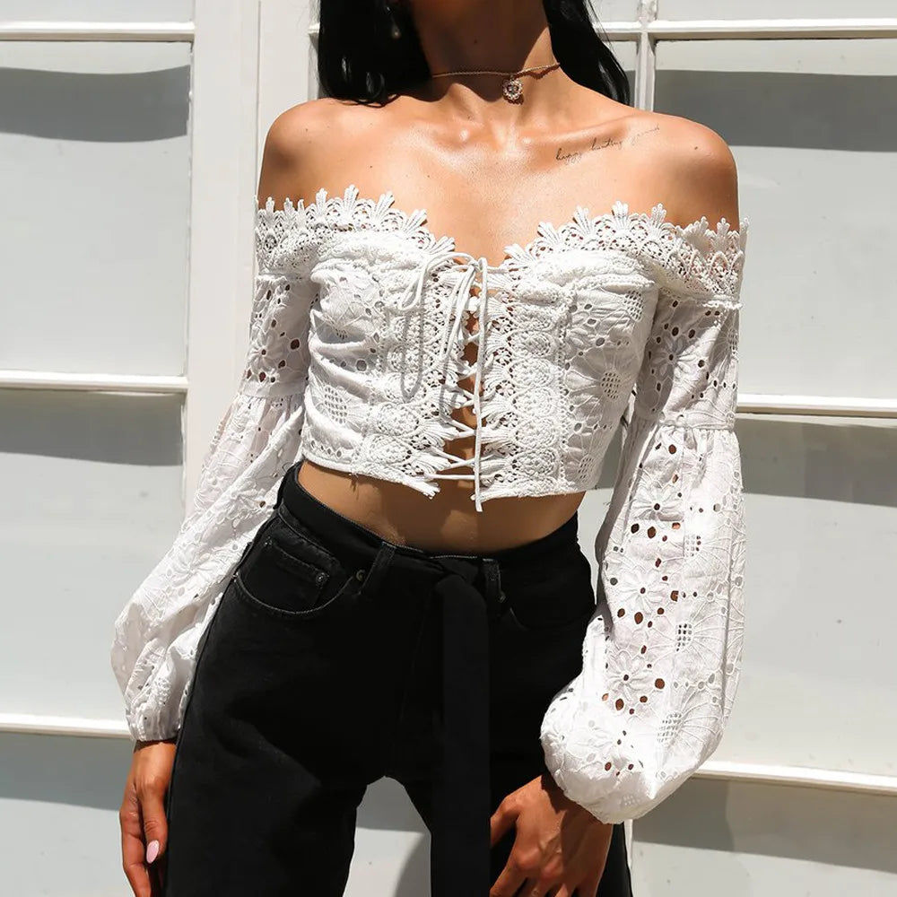 Elegant White Lace Blouse Shirt Cross Bandage Off Shoulder Long Sleeve Hollow Out Ladies Crop Top