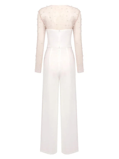 Mesh Pearl Beaded Bodysuits+Strapless Jumpsuit Two piece Sets Women White Jumpsuit Suits Evening