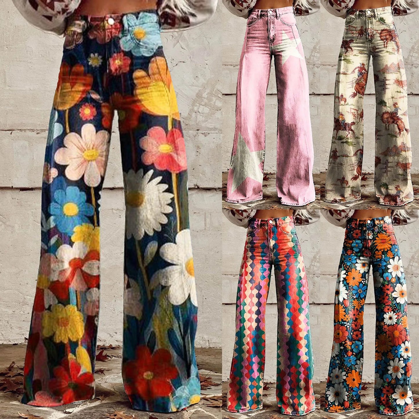 Wide Leg Jeans High Waisted Casual Floral Printed Trousers