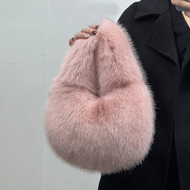 Soft Plush Half Moon Bags for Women Designer Fluffy Faux Fur Lady Handbags Luxury Small Tote