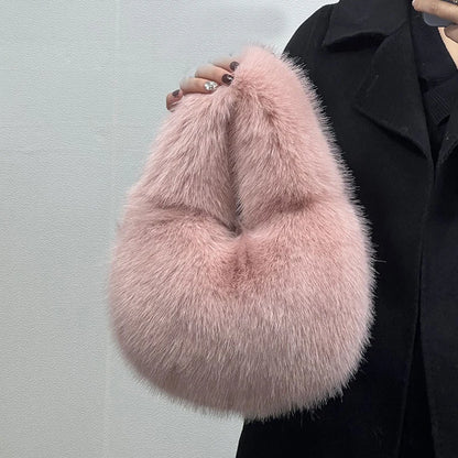 Soft Plush Half Moon Bags for Women Designer Fluffy Faux Fur Lady Handbags Luxury Small Tote