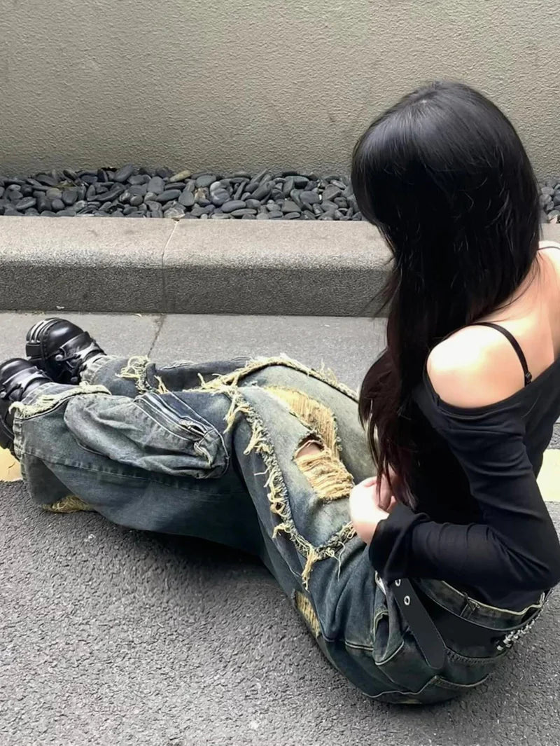 Women's Blue Cargo Ripped Pants Baggy Streetwear Aesthetic Harajuku Japanese 2000s Style Y2k Emo Pants Vintage Trousers Clothes