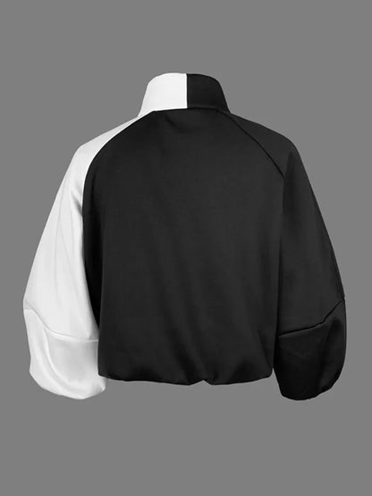 Female Stylish Stand Collar Zipper Jackets Loose Puff Sleeves Contrast Color Casual Fashion Outerwears 2025 New