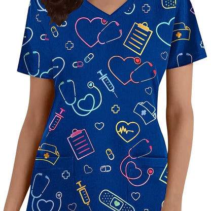 Surgical Uniforms Heart Printed V-Neck Nurses Tops Short Sleeve Patch Pocket Medical Surgical Uniforms Nursing