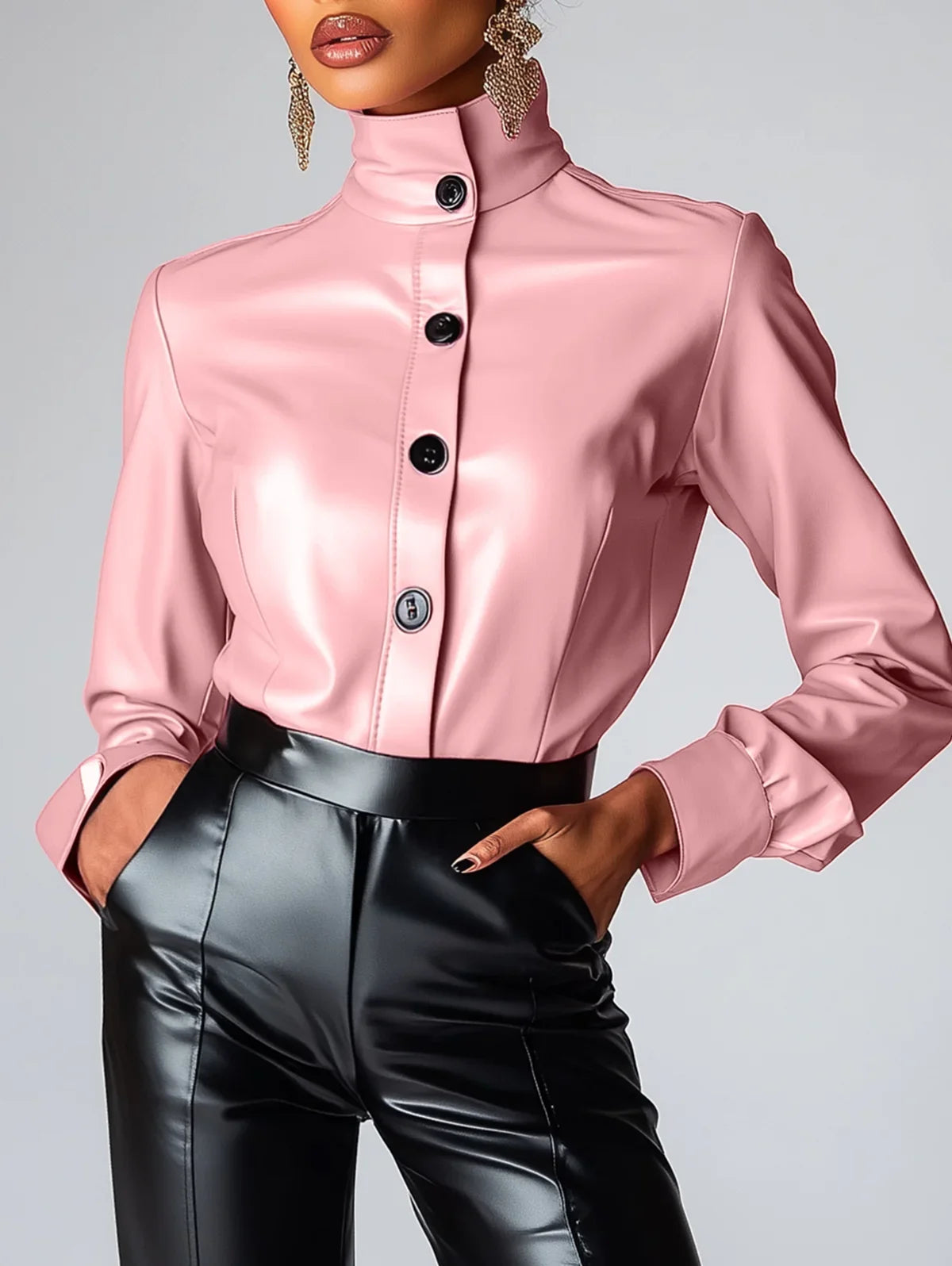 High Neck PU Leather Long Sleeve Blouse Single Breasted Solid Color Slim Leather T Shirt High Street Spring Streetwear