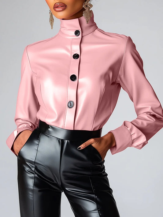 High Neck PU Leather Long Sleeve Blouse Single Breasted Solid Color Slim Leather T Shirt High Street Spring Streetwear