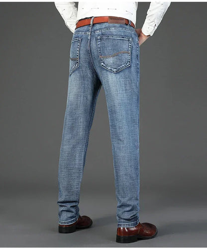 Men Classic Jeans Straight Regular Blue Stretch Denim Trousers Men's