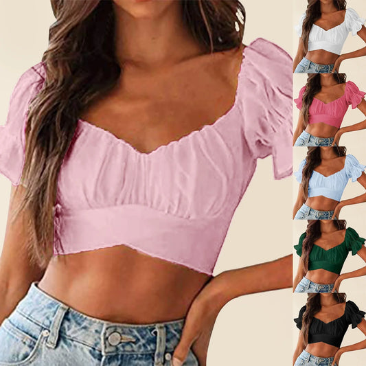 Deep V Neck Cropped Top Ruffled Short Sleeve Backless Tight Tank Top