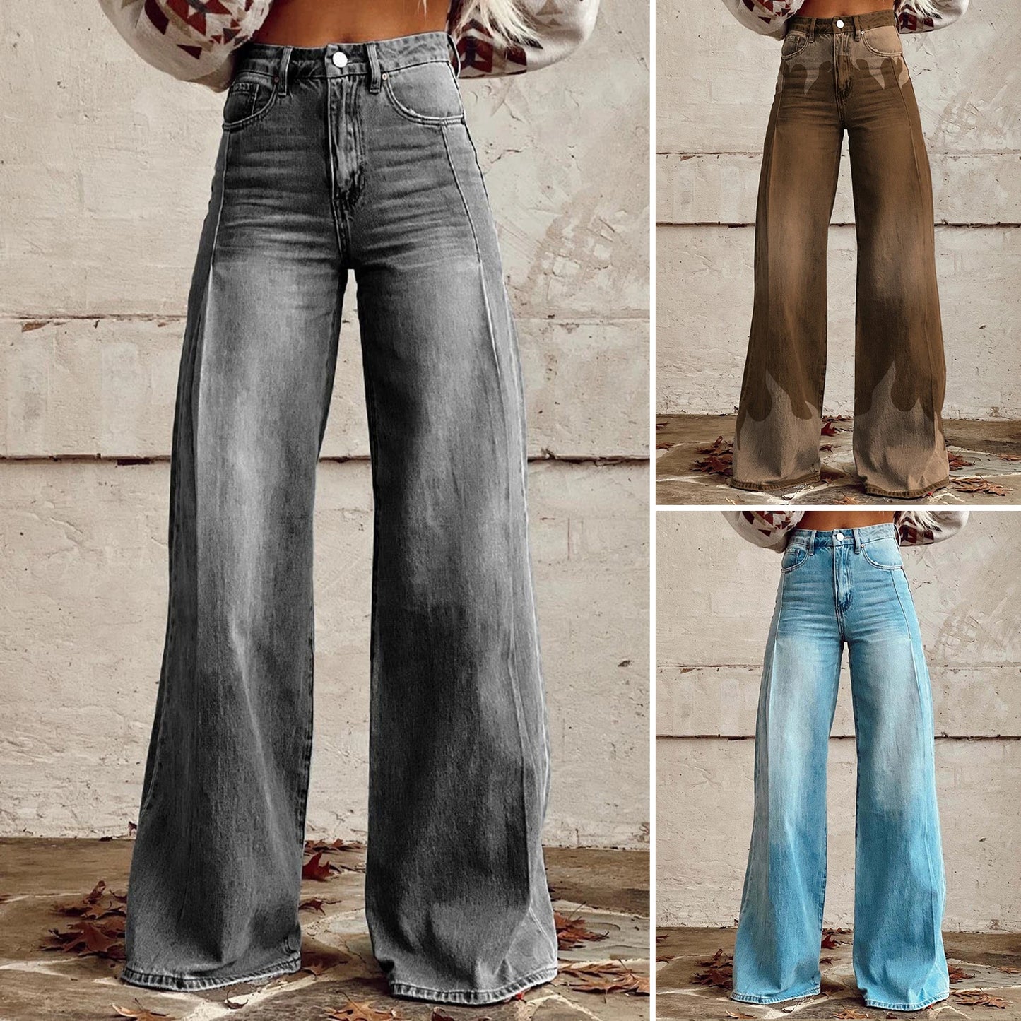 Women's Large Hole Patchwork Jeans High Waist Wide Legs Casual Bottoms Denim