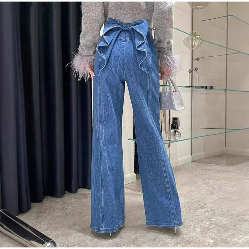 Y2K High Waist Flare Denim Jeans With Big Bow Ruffles Sweetheart Stylish Female Slim Fit Casual Trousers