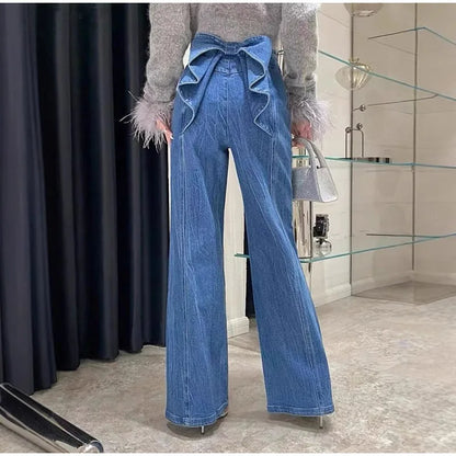 Y2K High Waist Flare Denim Jeans With Big Bow Ruffles Sweetheart Stylish Female Slim Fit Casual Trousers