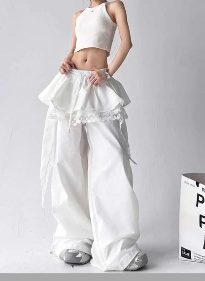 Y2K Black Cargo Pants Women Lace Patchwork White Wide Leg Pants