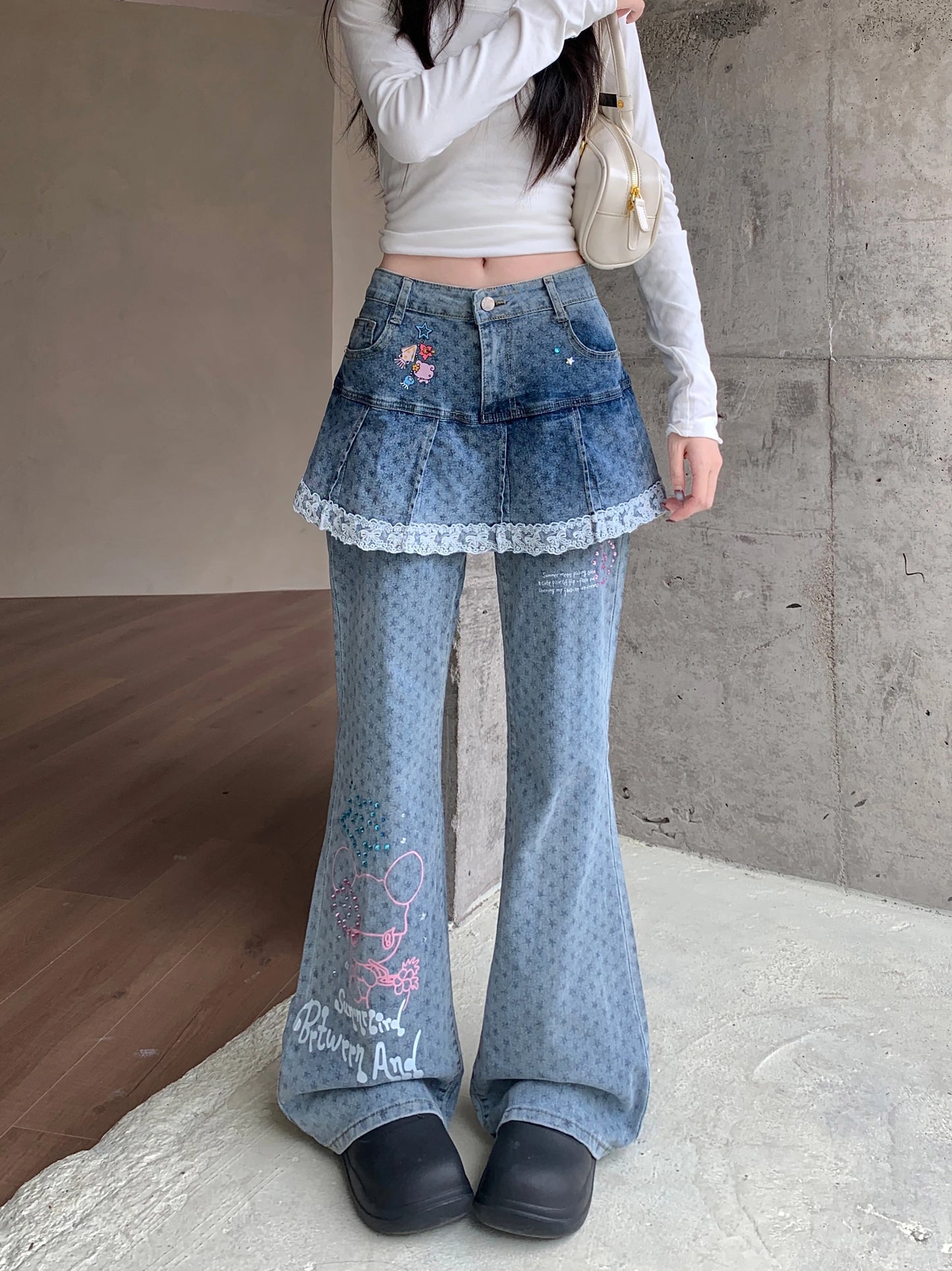 Women's Blue Graffiti Splicing Jeans Cargo Baggy Y2K American Harajuku Streetwear 2000S Style 90s Retro Jeans Pants Clothing
