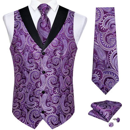 Men's Paisley Silk Suit Vest with Macthing Golden Paisley Neck Tie Handkerchief Cufflinks Wedding Prom Tuxedo Waistcoat