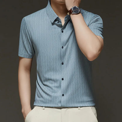 Men's Slim Fit Short Sleeve Dress Shirt Premium Spandex Stretch Fabric Solid Colors Business Casual